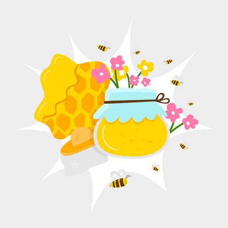 A jar of honey, honey comb, wax. Straw hat from bees on a flowering meadow, bees fly around and flowers bloom. Cartoon vector.のイラスト素材