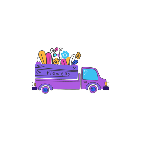 Car delivers plants. Online plant delivery services. Drawn in a cartoon style.のイラスト素材