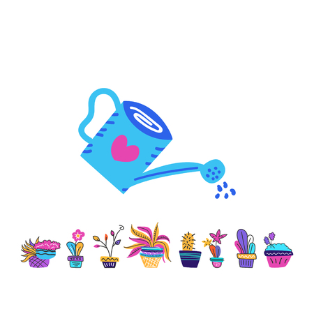 Watering can irrigate plants in a box. Drawn in a cartoon style.のイラスト素材