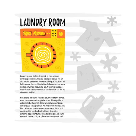Yellow washing machine. Laundry rooms  include storage cabinets. There is a place for text. Concept laundry room. Cartoon vector.のイラスト素材