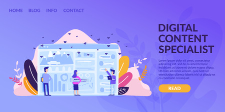 Horizontal Flat Banner Digital Content Specialist. Vector illustration on blue background. young men and women in office clothes discuss placement content on site. floral ornament.のイラスト素材