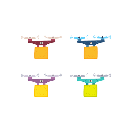 A set of drone bright colors. New technologies and delivery of goods by air. Flying apparatus with a cargo and a box for the goods.のイラスト素材