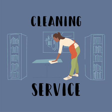 The girl holds a rag in her hands and rubs dust from furniture. Cleaning the house to maintain the frequency of an African American caring for their homesのイラスト素材