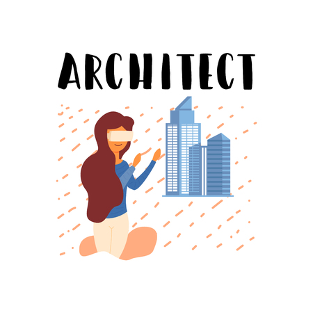 Vector Flat Banner Lettering Girl Architect. They use artificial intelligence and machine learning with glasses of additional reality creates and designs a multi-storey building a business center.のイラスト素材