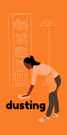 The girl in the apron is dusting. Home cleaning of the room of different surfaces with a rag.のイラスト素材