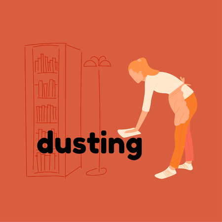 The girl in the apron is dusting. Home cleaning of the room of different surfaces with a rag.のイラスト素材