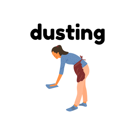 The girl in the apron is dusting. Home cleaning of the room of different surfaces with a rag.のイラスト素材