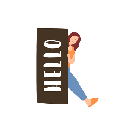 A smiling girl looks out from behind a screen. A young female looks out of the corner.のイラスト素材