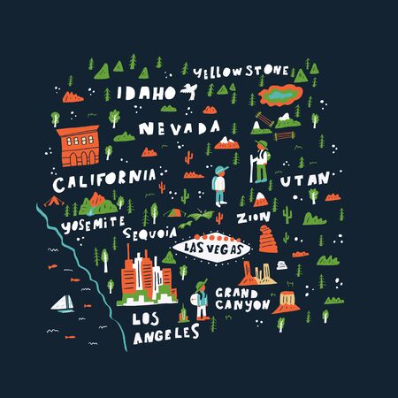 banner map area, places interest, areas on reduced scale against dark background with different places, mountains, sights, lakes, rivers, tourists use this tip not get lost, visit museums, galleriesのイラスト素材