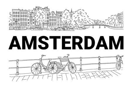 Bright banner flyer sketch inscription Amsterdam. City by river. Beautiful promenade. Bicycles for walk along river. Beautiful buildings with lush trees. Hand drawn quick sketch. Vector illustration.のイラスト素材