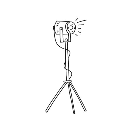 Bright poster hand-drawn video light, cartoon. Device for lighting when working with video and photography. Device mounted on high adjustable tripod Vector illustration.のイラスト素材
