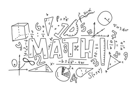 Informational poster set doodle inscription math. Various mathematical formulas. Algebraic calculations. To geometric shapes and computational formulas. Tools for calculating lengths and degrees.のイラスト素材