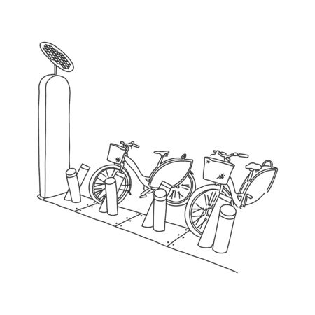 Bright banner modern city bike rental, cartoon. Equipment for hourly rental electric bicycles. Environmentally friendly transport for modern city. Vector illustration on white background.のイラスト素材