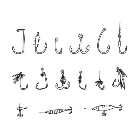 cognitive flyer fishing hook hand drawn sketch. invention catching fish various kinds, tackle simple type, intricate devices bait successful fishing, pleasant relaxation, sport, pastime.のイラスト素材