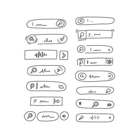 Banner search bar box online sketch hand drawn. New access panel, modern design, search for various Internet data, computer desktop screen. Art cartoon style flat black pencil with jagged lines.のイラスト素材