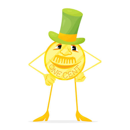 Funny cartoon golden one cent with hatのイラスト素材