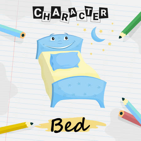 Cartoon single bed with linens smiling, flatのイラスト素材
