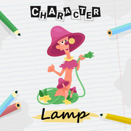 Cartoon character table lamp with lampshade, flatのイラスト素材
