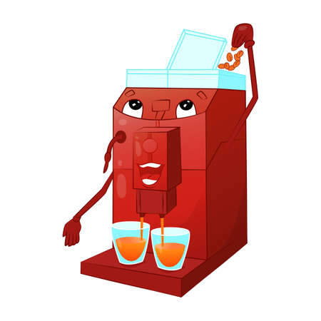 Coffee machine with face and hands smiles and makes coffee, vector illustration. Successful household appliances conceptのイラスト素材