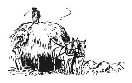 Men collect hay on a wooden cartのイラスト素材
