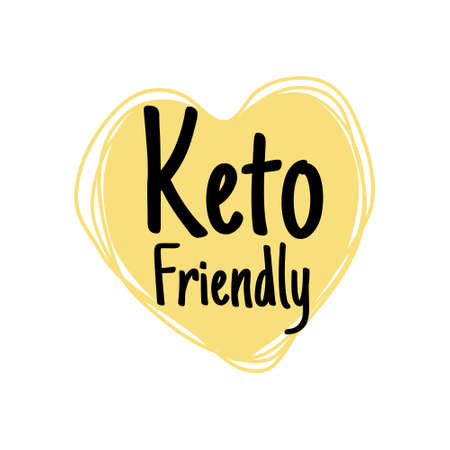 Keto friendly label with sign, hand drawn badge. Isolated on white sticker for ketogenic product, text at color heart. Certified healthy nutrition ingredient tag, vector illustrationのイラスト素材