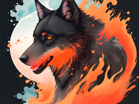 Black painted wolf with a lava on background. AI Generatedの素材