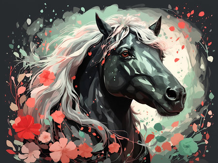 Painted head of black horse with red flowers. AI generatedの素材