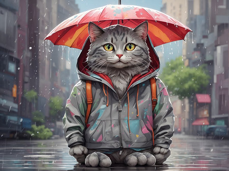 Cat in the night with hoodie and umbrella in the city when it rains. Ai Generatedの素材