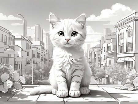White cat in the city, illustration. AI generatedの素材