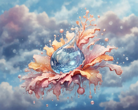 Waterdrop and blue sky with clouds, ai generatedの素材