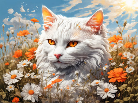 cat in the grass full of flowers, ai generatedの素材