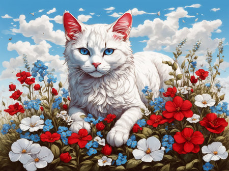 cat in the grass full of flowers, ai generatedの素材