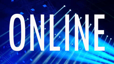 Word ONLINE on spotlight with lawer rays. Event online. Stage Spotlight with Laser rays. Scene,...