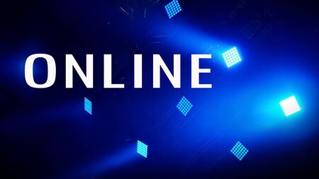 Word ONLINE on spotlight with lawer rays. Event online. Stage Spotlight with Laser rays. Scene,...