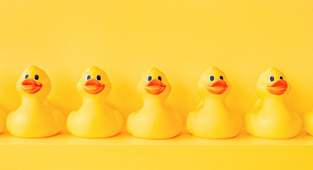 Design yellow rubber ducks in a line toy design shelf decor. Communication. Community. Association. Organize. Rubber duck pattern yellow concept. Rubber ducky bath toy background yellow ducks in a rowの写真素材