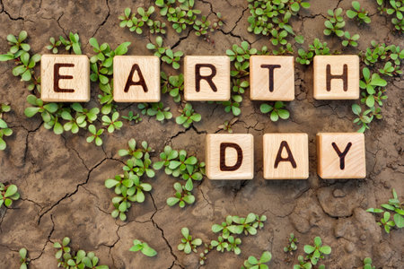 Cracked soil plants letter block toy cube wood text Earth day on dry ground plant sprout. Environment day on dry earth plant soil dry dirt. Crack earth word block wooden cubes on cracked ground plantの写真素材