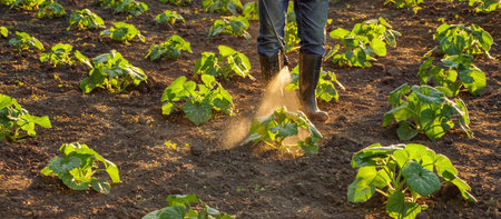 Plantation field working farmer spraying pesticide sprayer garden farm vegetable garden spraying...
