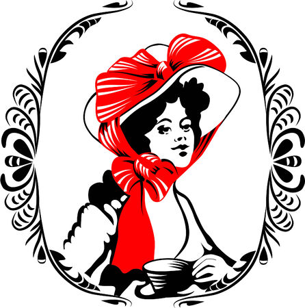 tea-time woman silhouette with ornament. EPS8. Frame and silhouette put on different layer.のイラスト素材