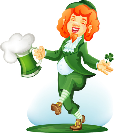 Dancing leprechaun with goblet of green beer and three leaf shamrock. Colored. file include meshes, transparency. eps10のイラスト素材