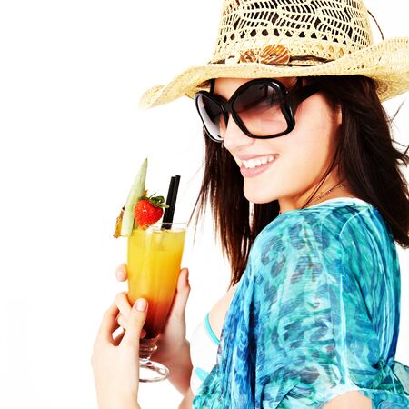 Young girls with a cocktail. Summer and beach.の写真素材