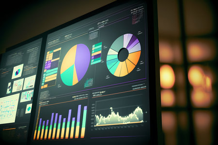 A computer screen displaying multiple financial reports and graphs and pie, representing the idea of data analysis and strategic decision making in business management. Generative AIの素材