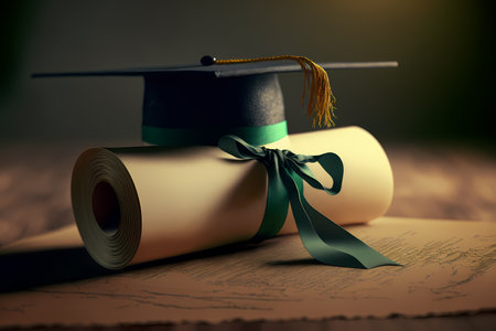 A diploma rolled up and tied with a ribbon with academic cap or graduate cap, representing the idea of education and learning as of achieving success at university or college graduation. Generative AIの素材