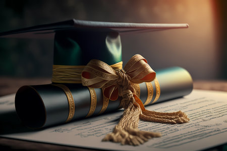 A diploma rolled up and tied with a ribbon with academic cap or graduate cap, representing the idea of education and learning as of achieving success at university or college graduation. Generative AIの素材