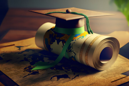 A diploma rolled up and tied with a ribbon with academic cap or graduate cap, representing the idea of education and learning as of achieving success at university or college graduation. Generative AIの素材