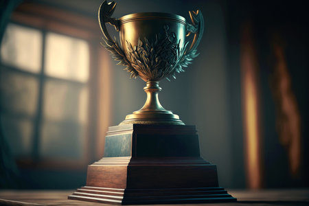 An elegant gold trophy on a pedestal, representing the idea of recognition and achievement. Concept of success, Champions and award Generative AI.の素材