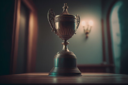 A elegant gold trophy on a pedestal, representing the idea of recognition and achievement. Concept of success, Champions and award Generative AI.の素材