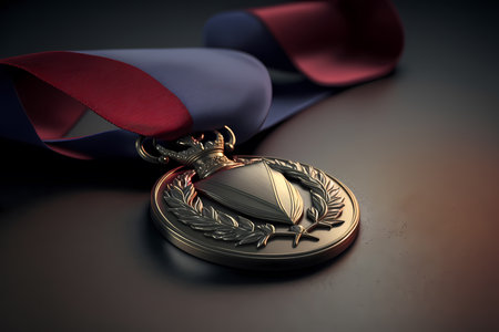 A blank medal hanging from a ribbon, representing the idea of reward and accomplishment. luxury reward and achievements. Generative AI.の素材