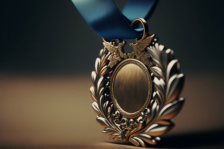 A blank medal hanging from a ribbon, representing the idea of reward and accomplishment. luxury reward and achievements. Generative AI.の素材