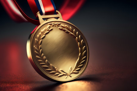 A blank medal hanging from a ribbon, representing the idea of reward and accomplishment. luxury reward and achievements. Generative AI.の素材