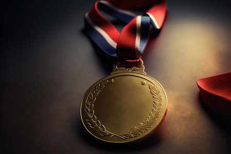 A blank medal hanging from a ribbon, representing the idea of reward and accomplishment. luxury reward and achievements. Generative AI.の素材